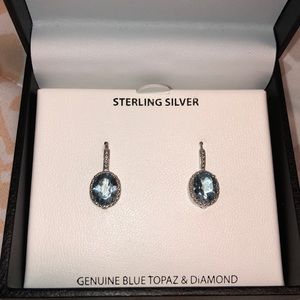 Macy’s blue topaz & diamond hanging earrings